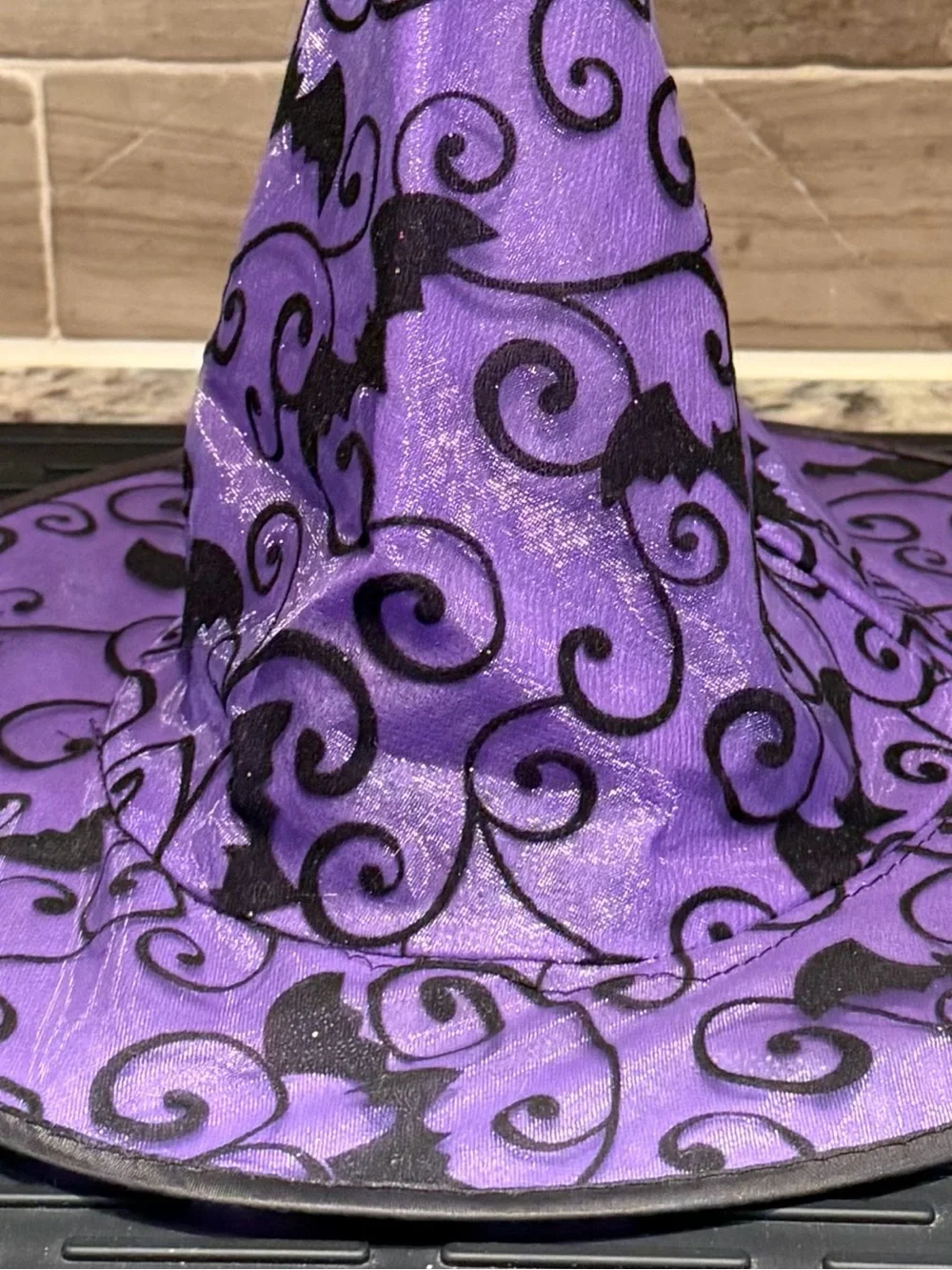 Y2K Vtg 2010 Purple & Black Velvet Flock Bat Swirl Witch Hat Costume Accent
